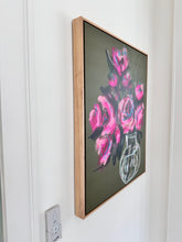 Load image into Gallery viewer, Pink on Olive floral framed canvas print 24”x30”
